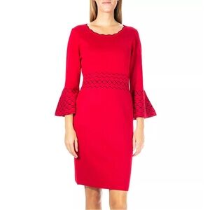 Nina Leonard Black And Red Jacquard Bell Sleeve Sweater Dress